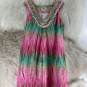 Milly New York Pink Pastel Silk Sun Dress Beaded Neck Detail Women's Size 2